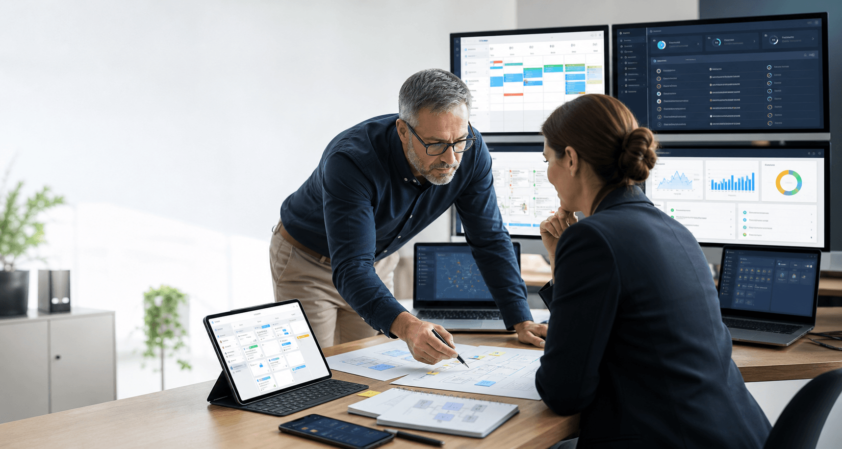 Consultant présentant des interfaces de logiciels métier sur mesure pour PME